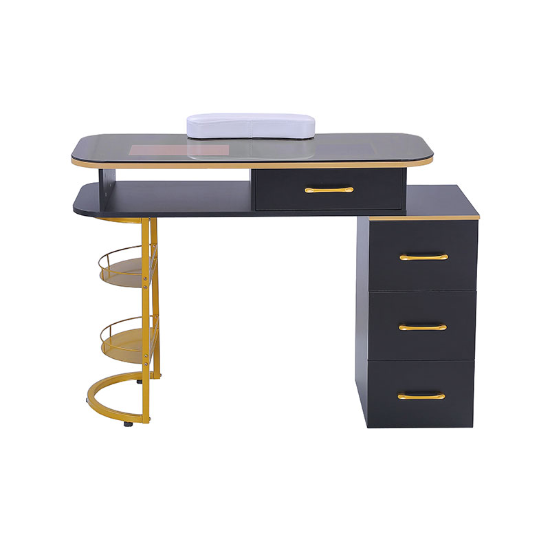 HZ2055 / HZ2055B Mesa de manicure com tampo de vidro para unhas com 4 gavetas e prateleiras de armazenamento de 2 camadas